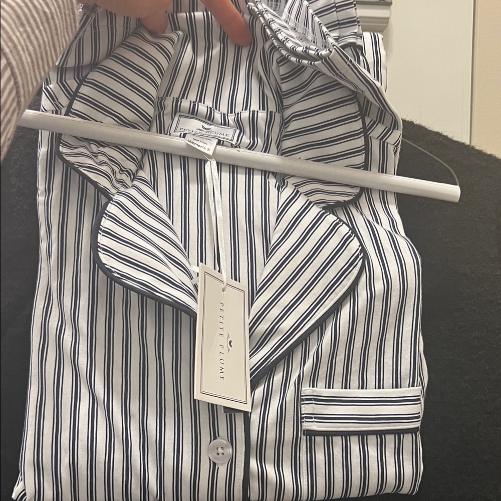 NWT Petite Plume Pima Cotton White and Navy Vertical Stripe pajamas set